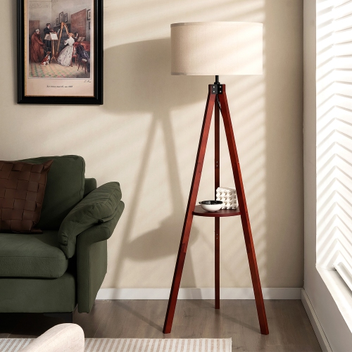 Gymax Tripod Floor Lamp Wood Standing Lamp w/ Flaxen Lamp Shade and E26 Lamp Base