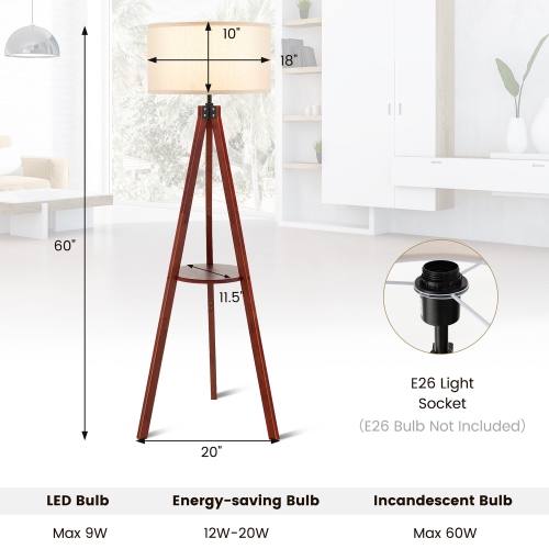 Gymax Tripod Floor Lamp Wood Standing Lamp w/ Flaxen Lamp Shade and E26 Lamp Base