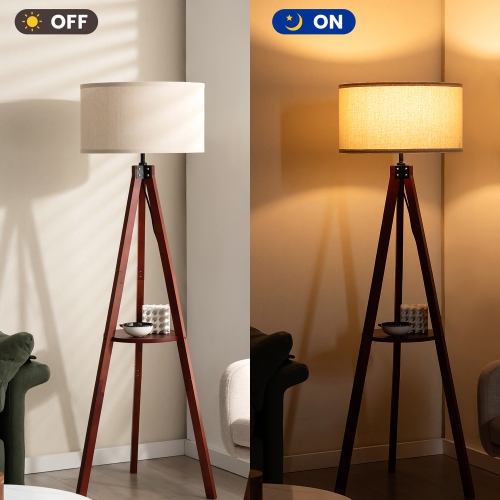 Gymax Tripod Floor Lamp Wood Standing Lamp w/ Flaxen Lamp Shade and E26 Lamp Base