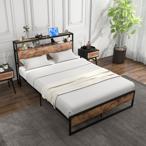 Gymax Full Size Industrial Platform Bed Frame with Charging Station Storage Headboard
