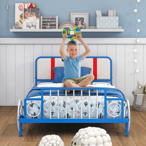 Gymax Twin Size Kids Bed Frame Car Shaped Metal Platform Bed w Upholstered Headboard