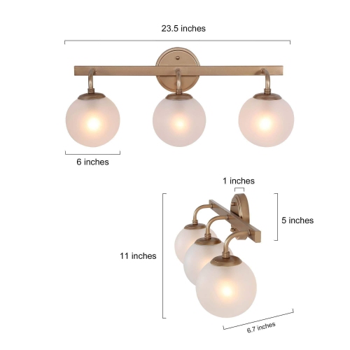 Modern Globe Bathroom Vanity Light, 3-Light Brass Gold Bedroom Frosted Wall Sconce Light