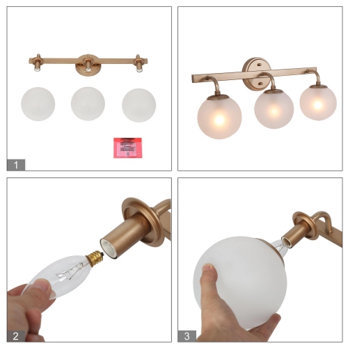 Modern Globe Bathroom Vanity Light, 3-Light Brass Gold Bedroom Frosted Wall Sconce Light