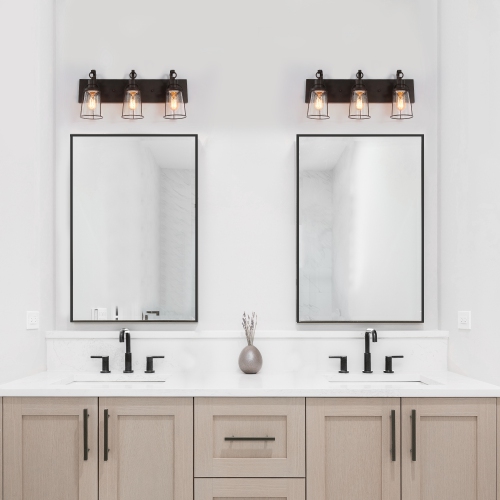 Farmhouse Rustic Black Vanity Light, 22 in. 3-Light Bathroom Wall Sconce with Seeded Glass Shades