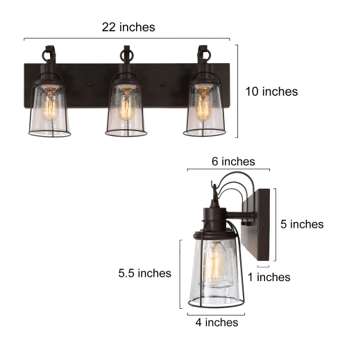 Farmhouse Rustic Black Vanity Light, 22 in. 3-Light Bathroom Wall Sconce with Seeded Glass Shades