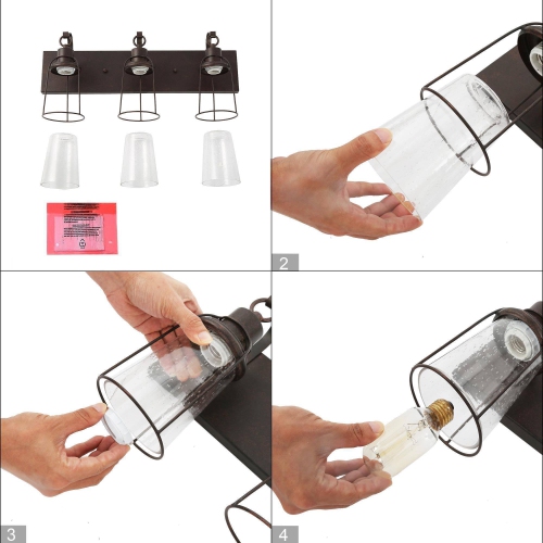 Farmhouse Rustic Black Vanity Light, 22 in. 3-Light Bathroom Wall Sconce with Seeded Glass Shades