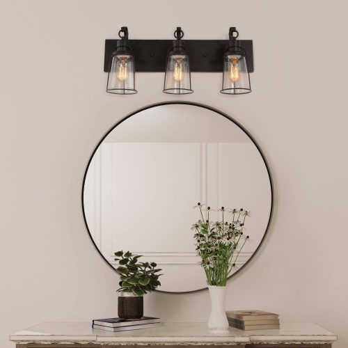 Farmhouse Rustic Black Vanity Light, 22 in. 3-Light Bathroom Wall Sconce with Seeded Glass Shades