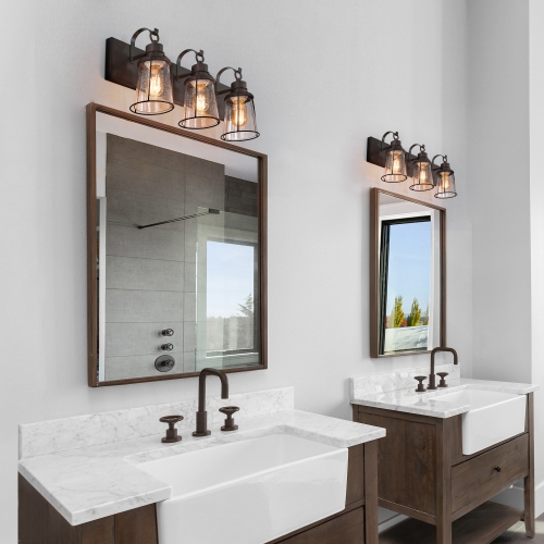 Farmhouse Rustic Black Vanity Light, 22 in. 3-Light Bathroom Wall Sconce with Seeded Glass Shades