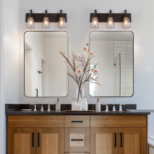 Farmhouse Rustic Black Vanity Light, 22 in. 3-Light Bathroom Wall Sconce with Seeded Glass Shades