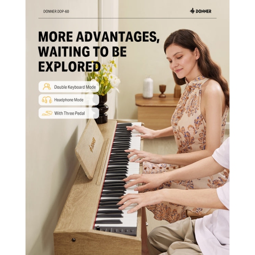Donner DDP-60 88-Key Semi-Weighted Wooden Upright Digital Piano with 3-Pedal for Beginner
