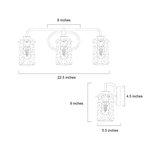 Applique murale pour salle de bain, laiton doré 22,5-en-3 avec DEL en verre bosselé moderne/applique de salle de bain contemporaine