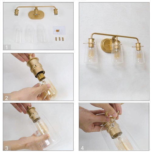 Applique murale pour salle de bain, laiton doré 22,5-en-3 avec DEL en verre bosselé moderne/applique de salle de bain contemporaine