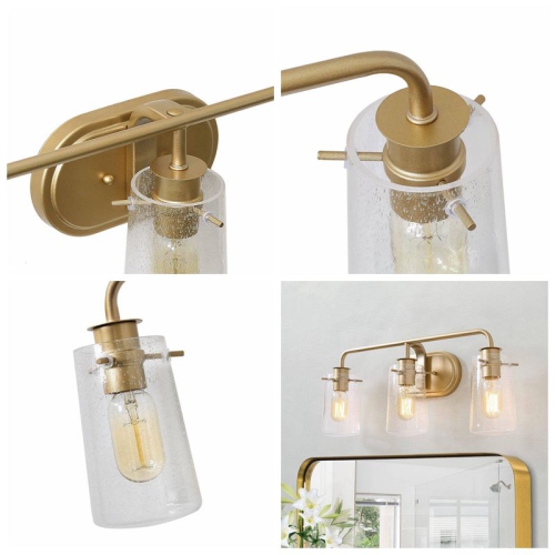 Applique murale pour salle de bain, laiton doré 22,5-en-3 avec DEL en verre bosselé moderne/applique de salle de bain contemporaine