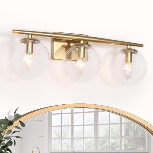 Modern Gold Bathroom Vanity Light, 3-Light Farmhouse Brass Wall Sconce with Clear Globe Glass Shades