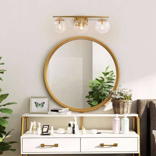 Modern Gold Bathroom Vanity Light, 3-Light Farmhouse Brass Wall Sconce with Clear Globe Glass Shades