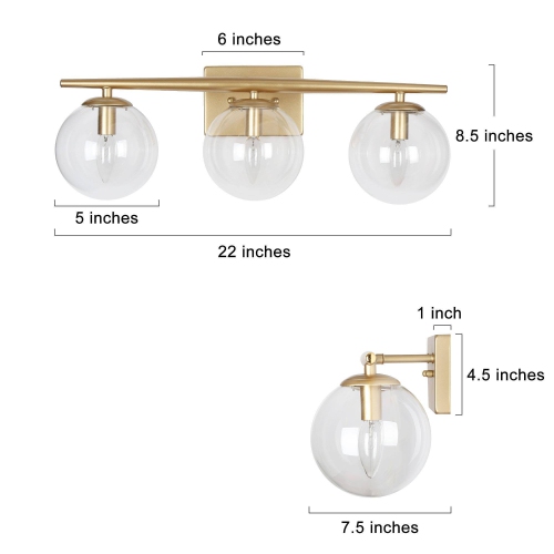 Modern Gold Bathroom Vanity Light, 3-Light Farmhouse Brass Wall Sconce with Clear Globe Glass Shades