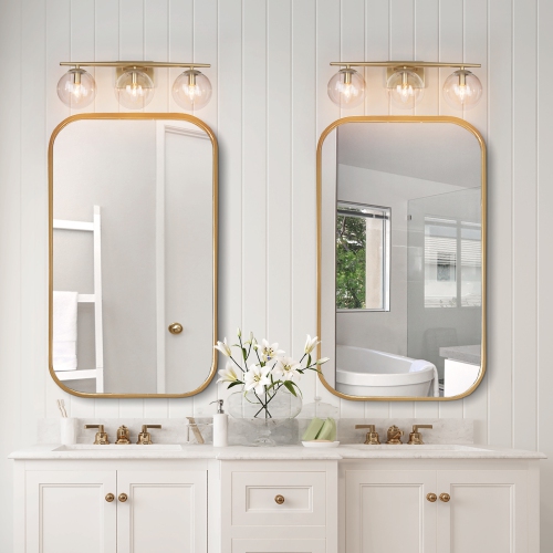 Modern Gold Bathroom Vanity Light, 3-Light Farmhouse Brass Wall Sconce with Clear Globe Glass Shades