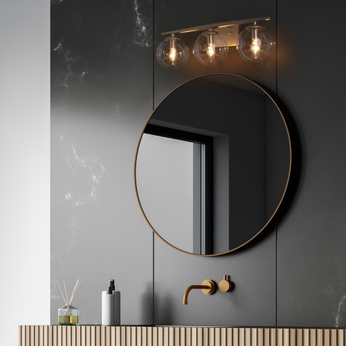 Modern Gold Bathroom Vanity Light, 3-Light Farmhouse Brass Wall Sconce with Clear Globe Glass Shades