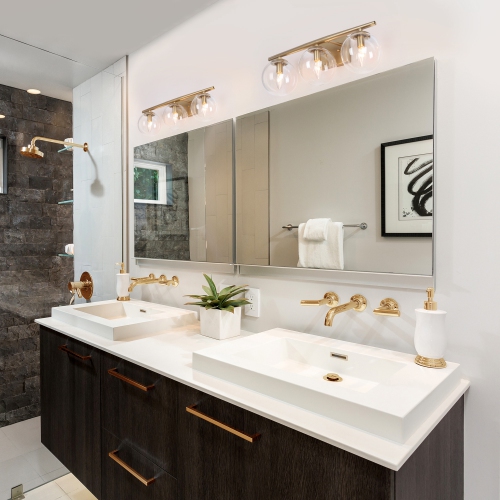 Modern Gold Bathroom Vanity Light, 3-Light Farmhouse Brass Wall Sconce with Clear Globe Glass Shades