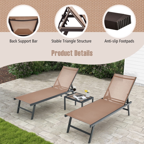 Gymax 3pcs Patio Chaise Lounge Set Aluminum Recliner Chair Table Outdoor Adjust