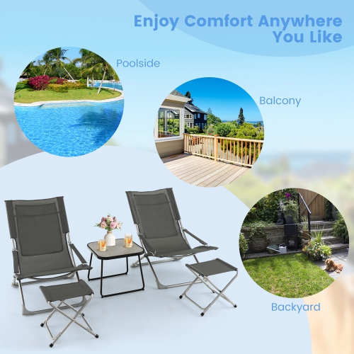 Gymax 5-Piece Patio Sling Chair Set Folding Lounge Chairs w/ Coffee Table Yard Poolside