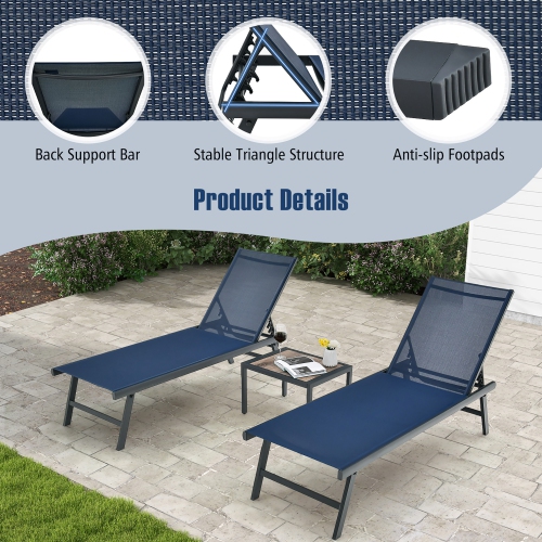 Gymax 3pcs Patio Chaise Lounge Set Aluminum Recliner Chair Table Outdoor Adjust