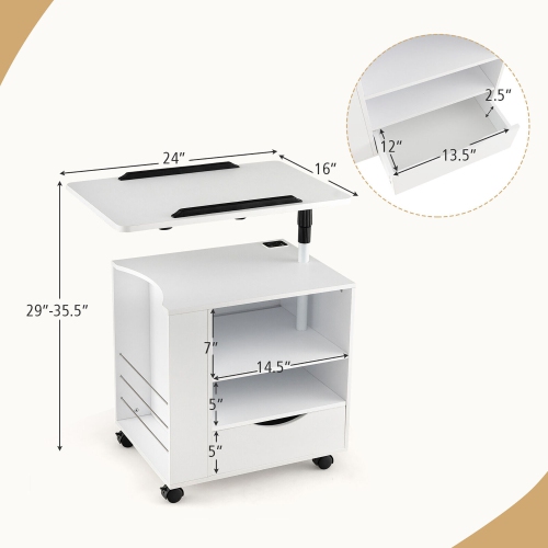 Gymax Nightstand Bedside Table Swivel Laptop Tray with Charging Station and LED Lights