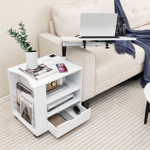 Gymax Nightstand Bedside Table Swivel Laptop Tray with Charging Station and LED Lights
