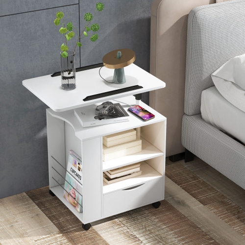 Gymax Nightstand Bedside Table Swivel Laptop Tray with Charging Station and LED Lights