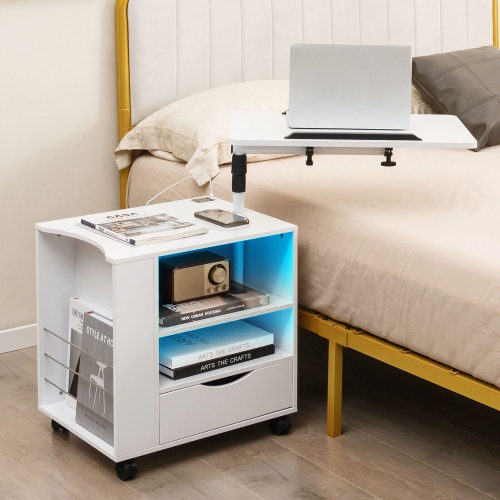 Gymax Nightstand Bedside Table Swivel Laptop Tray with Charging Station and LED Lights