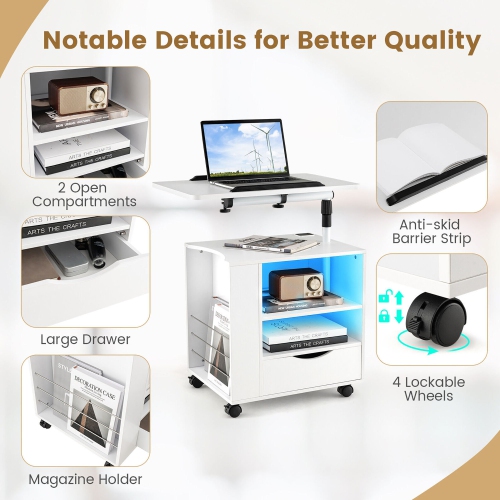 Gymax Nightstand Bedside Table Swivel Laptop Tray with Charging Station and LED Lights