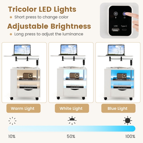 Gymax Nightstand Bedside Table Swivel Laptop Tray with Charging Station and LED Lights