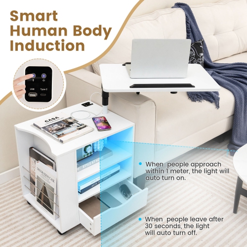 Gymax Nightstand Bedside Table Swivel Laptop Tray with Charging Station and LED Lights