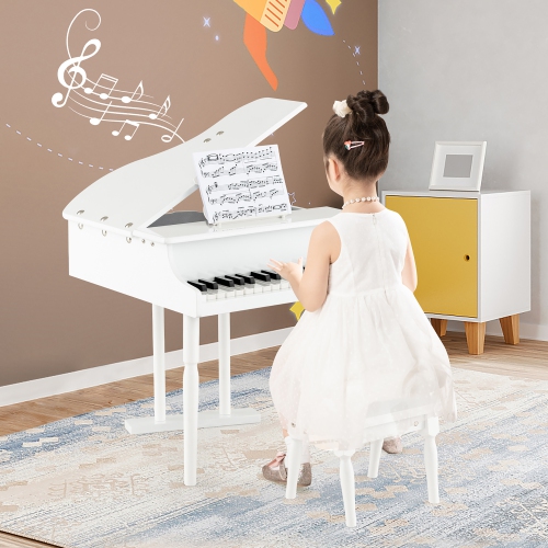 Jouet musical en bois à piano pour enfants classiques à 30 touches de Costway avec support et tabouret blancs