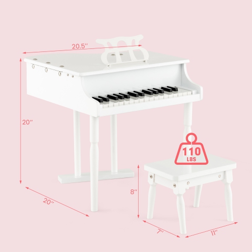 Jouet musical en bois à piano pour enfants classiques à 30 touches de Costway avec support et tabouret blancs