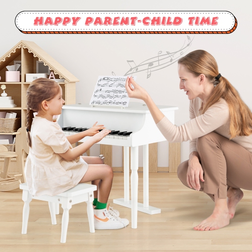 Jouet musical en bois à piano pour enfants classiques à 30 touches de Costway avec support et tabouret blancs