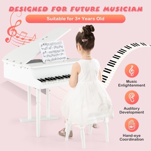 Jouet musical en bois à piano pour enfants classiques à 30 touches de Costway avec support et tabouret blancs