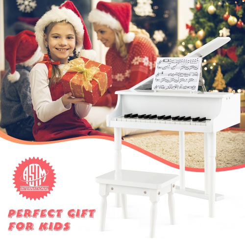 Jouet musical en bois à piano pour enfants classiques à 30 touches de Costway avec support et tabouret blancs