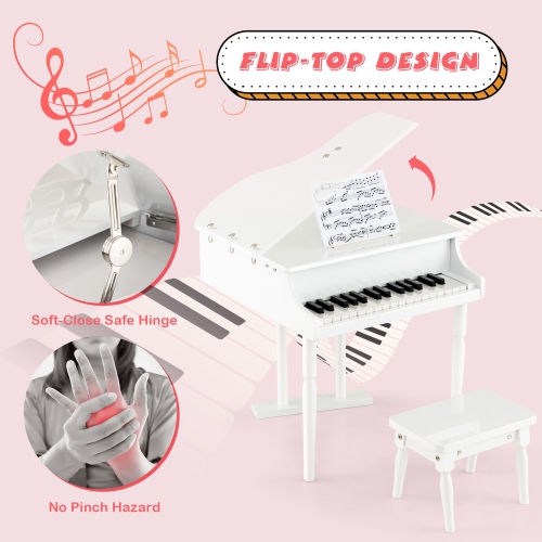 Jouet musical en bois à piano pour enfants classiques à 30 touches de Costway avec support et tabouret blancs