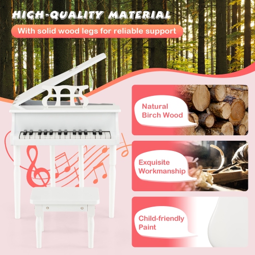 Jouet musical en bois à piano pour enfants classiques à 30 touches de Costway avec support et tabouret blancs