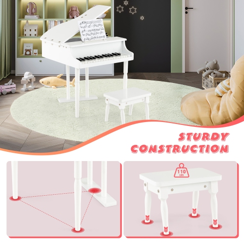Jouet musical en bois à piano pour enfants classiques à 30 touches de Costway avec support et tabouret blancs