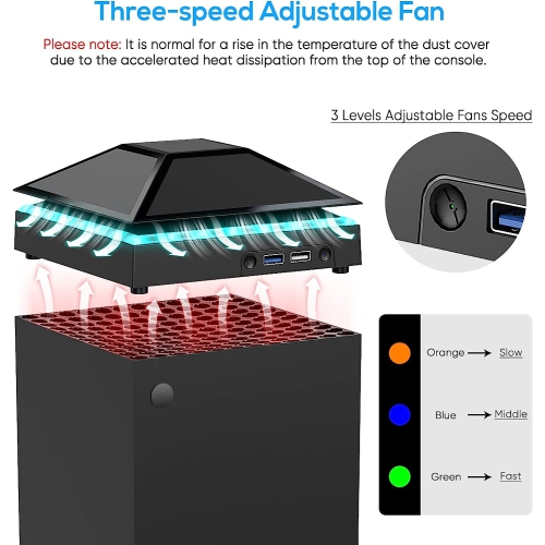 Upgraded Cooling Fan for Xbox Series X with RGB Color Light LED Strip, 3 Gears Adjustable Top Fan Cooling System with Rubber Dust Cover Filter Plugs,