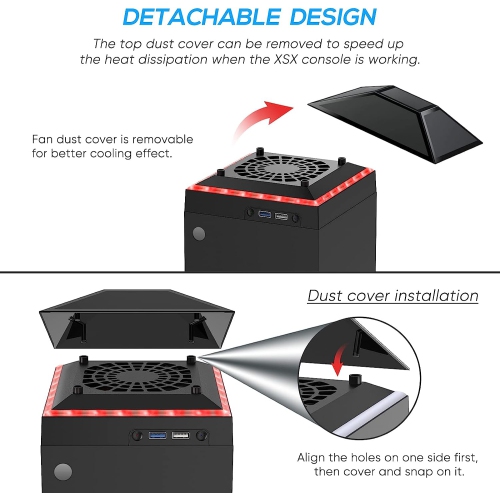 Upgraded Cooling Fan for Xbox Series X with RGB Color Light LED Strip, 3 Gears Adjustable Top Fan Cooling System with Rubber Dust Cover Filter Plugs,