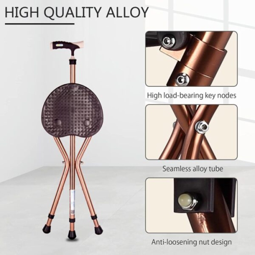 Adjustable Aluminum Bariatric Folding Walking 3-Legged Cane with Seat Lightweight Portable Stick with Chair, Tripod Base