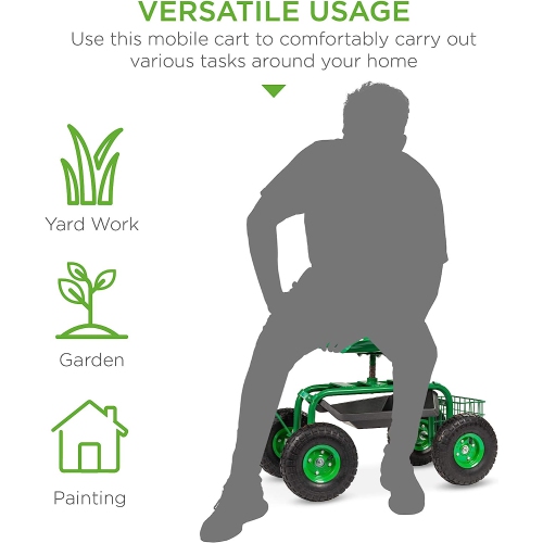 Rolling Garden Cart with Seat, Heavy Duty Gardening Scooter w/Wheels, Storage & Extendable Steering Handle, Garden Work Seat for Planting, Green