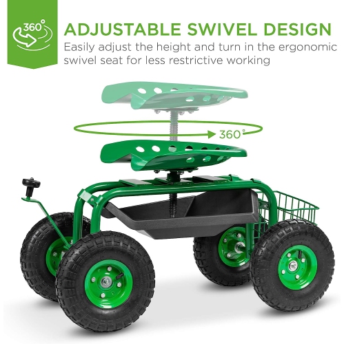 Rolling Garden Cart with Seat, Heavy Duty Gardening Scooter w/Wheels, Storage & Extendable Steering Handle, Garden Work Seat for Planting, Green