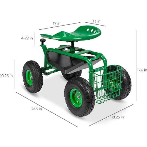 Rolling Garden Cart with Seat, Heavy Duty Gardening Scooter w/Wheels, Storage & Extendable Steering Handle, Garden Work Seat for Planting, Green