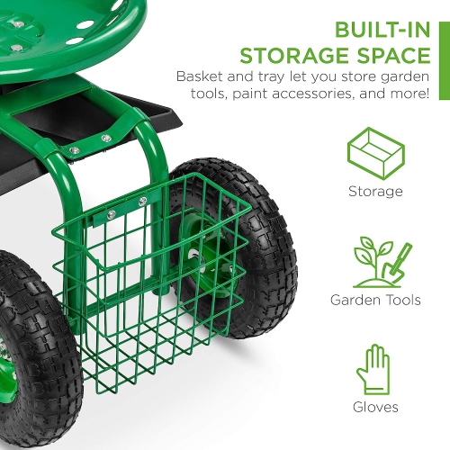 Rolling Garden Cart with Seat, Heavy Duty Gardening Scooter w/Wheels, Storage & Extendable Steering Handle, Garden Work Seat for Planting, Green