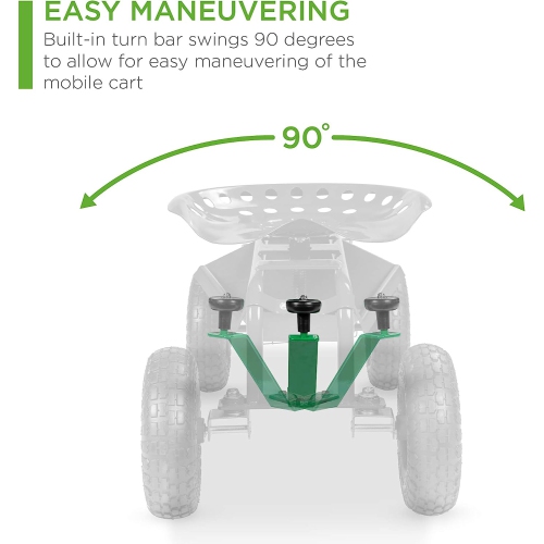 Rolling Garden Cart with Seat, Heavy Duty Gardening Scooter w/Wheels, Storage & Extendable Steering Handle, Garden Work Seat for Planting, Green