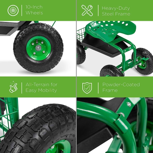 Rolling Garden Cart with Seat, Heavy Duty Gardening Scooter w/Wheels, Storage & Extendable Steering Handle, Garden Work Seat for Planting, Green